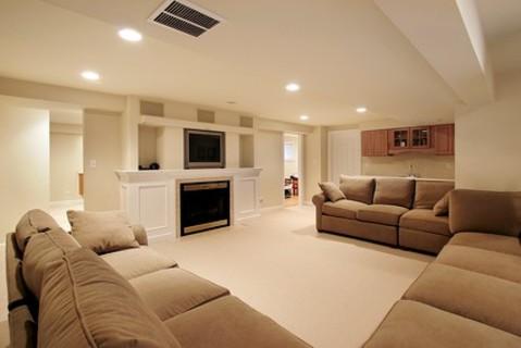 Transitional Basement with built in entertainment center