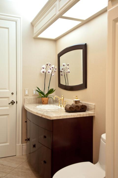 Transitional Bathroom with dark wood bathroom vanity cabinets
