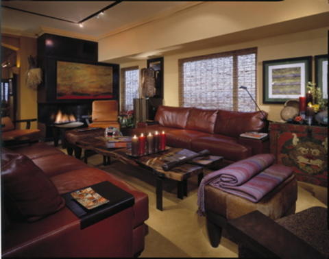 Eclectic Family Room with large natural wood slab coffee table