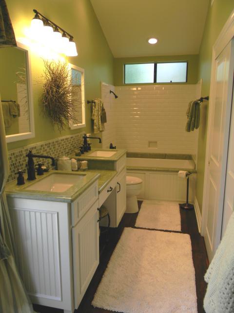 Transitional Bathroom with small green and white tile back splash