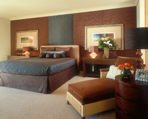 Contemporary Bedroom with custom fabric paneled accent wall