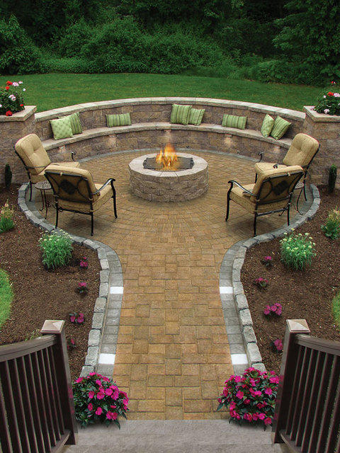 Transitional Patio with raised brick fireplace