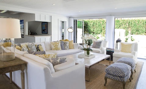 Transitional Family Room with subtle white black and yellow colors