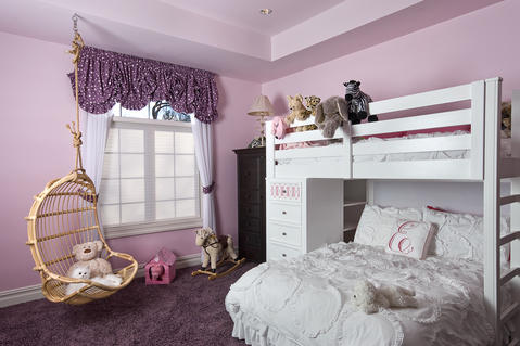 Transitional Kids Room with dark purple carpet