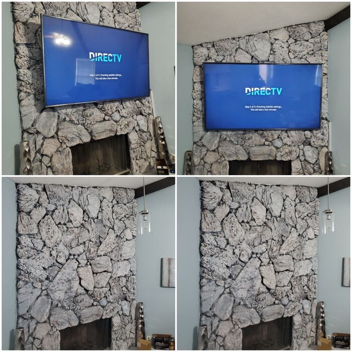 70"tv installation over stone fireplace