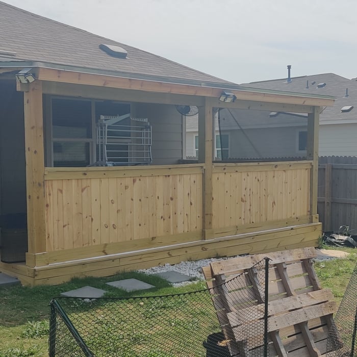 8 x 18 covered deck with shiplap trim