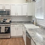 Refinish Cabinets, Tile BackSplash, New Hardware