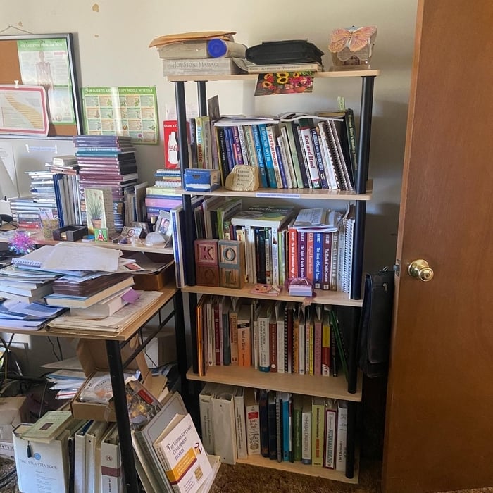 Before desk and bookshelf declutter