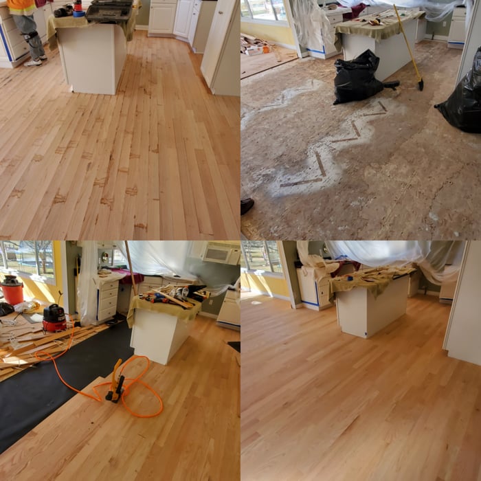 water damage. tear out install sand and refinish