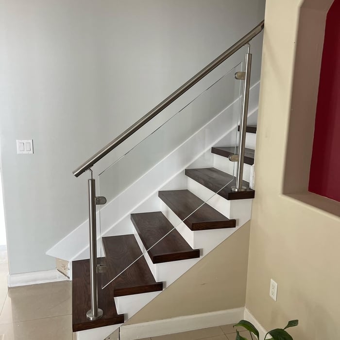 Red oak steps and glass railing