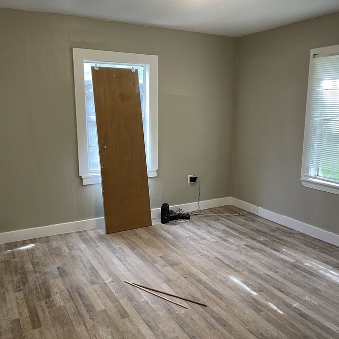 Install baseboard, window casing molding and paint