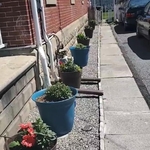 Edge block, river gravel, and mums