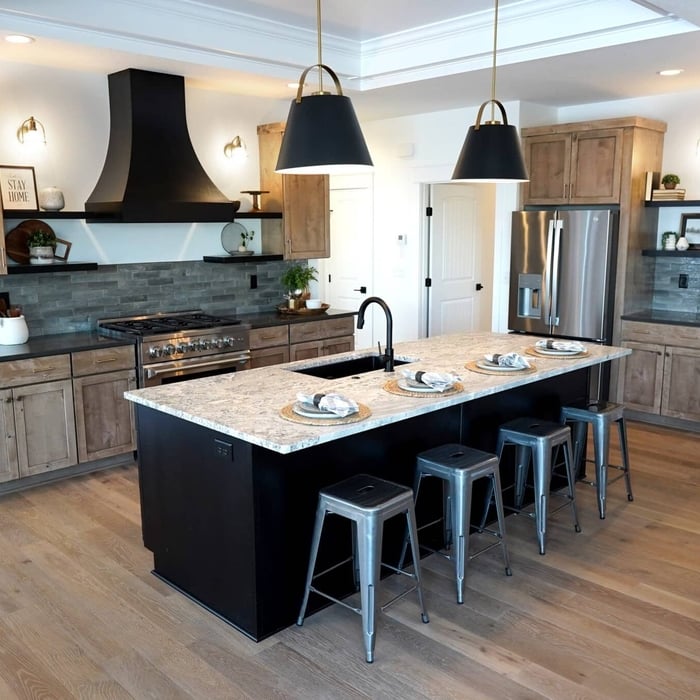 Modern kitchen cabinets, tops, and wood flooring