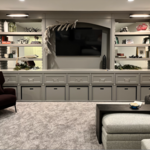 Gray Family Room with Built-In Media/Storage Unit