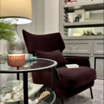 Gray Family Room with Plum Armchairs