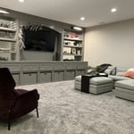 Gray Family Room with Built-In Media/Storage Unit