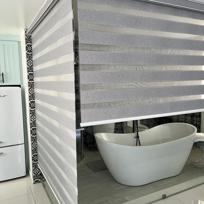 Pearl Grey dual shades for glass bathroom privacy