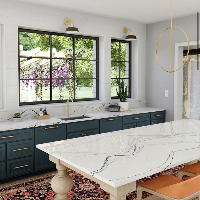 Cambria Quartz with shaker Blue Cabinets