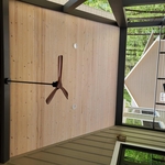 Wood ceiling, cable rail and ceiling fan