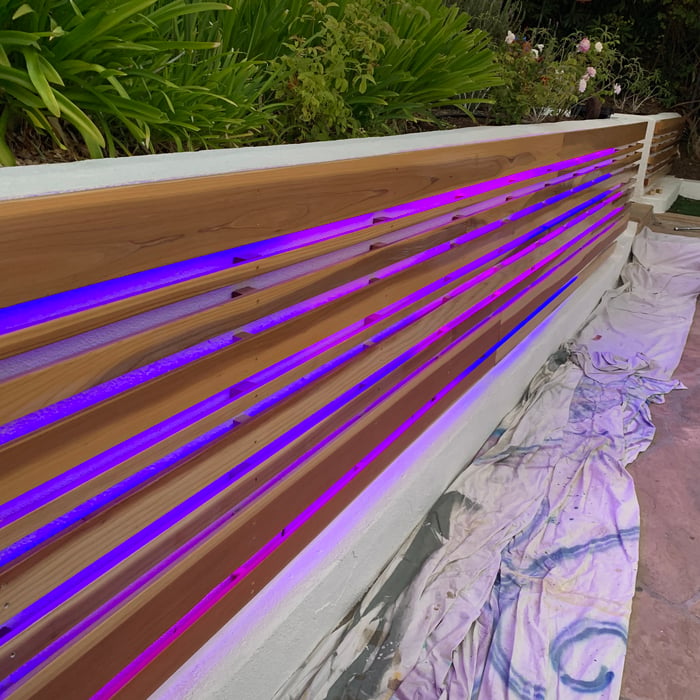 Exterior Redwood Accent wall with underlighting
