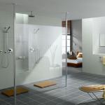 Modern Master Bathroom - Tan Open Silver Shower Stall Fixtures