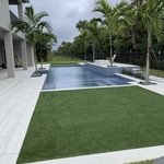 Artificial grass, palm trees, fence, and pavers!