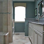 Transitional Bathroom - Blue Tile Upholstered Window Cornice