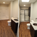 In-progress and after of a shower installation, with new flooring, sink, and toilet