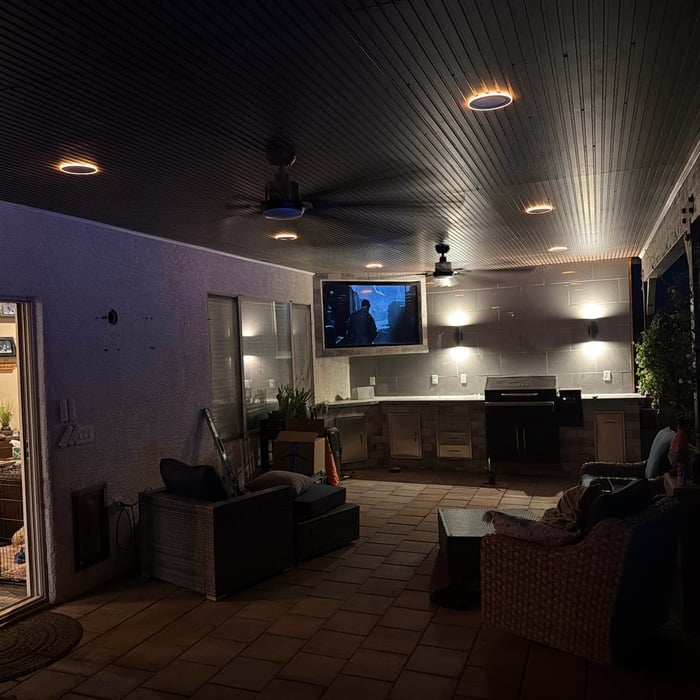 Evening looking toward kitchen