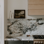 Invisible blue marble quartzite countertops and splash.
