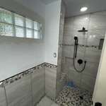 view from new vanity showing glass block window installed