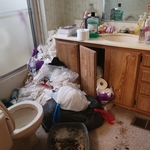 Trash and a full cat box filled this bathroom...