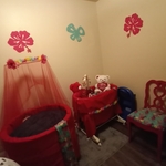 Hand painted chair, covered round crib,chair and bassinet with wall decor