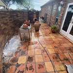 Mold and algae growth on back patio penetrating the pores of the tile flooring.