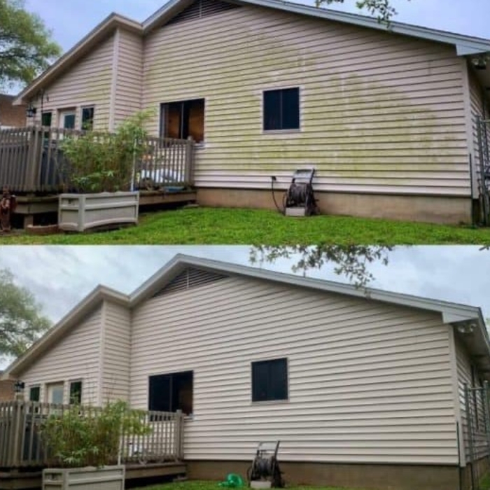 Before dirty old mossy mildew, and after the old mossy mildew is gone. The house looks 100% better no complaints.