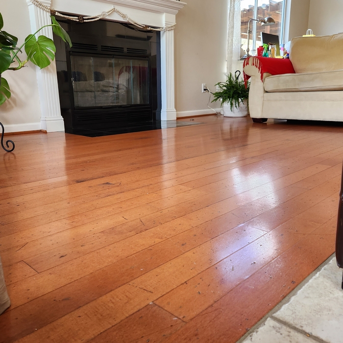 Hardwood floor cleaned and polished. Medium gloss