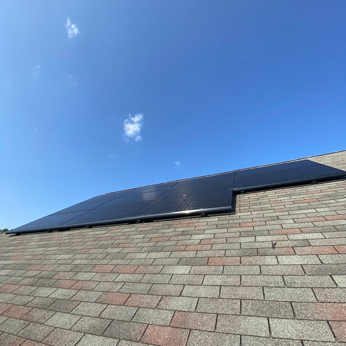 Bottom of the ladder view of a beautiful install we did in Egg Harbor Township, New Jersey. If you are one of those people that don't like the "aesthetic" of the looks of the panels this view is for you. It is not visible from the road and you need a ladder to get a good glimpse of it. If you do like the "aesthetic" of the looks of the panels then how about this beauty! Plus we use tier 1 panels which guarantees a higher energy production which offsets the need for more panels to meet your ener
