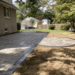 Nicolock Paver Patio with Radial Firepit Pad and Walkway Plus Concrete Pad for Spa