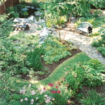 Natural Stone Path to Pond through heavily planted gardens