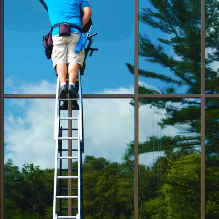 We typically clean exterior windows by hand and from a ladder. This is the traditional way and the most thorough.