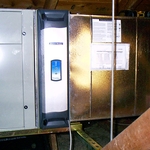 This is AccuClean installed in an attic horizontal configuration. The AccuClean is in the center of the photo on the return (or intake) side of the furnave