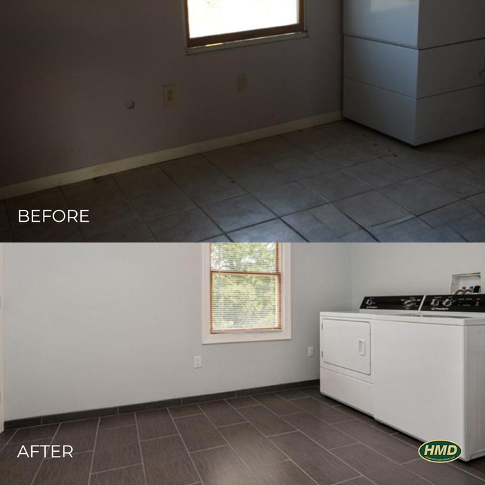 Flooring Installation: ? Laundry Room Glow Up Alert by HMD Construction Group! ??
Before: An uninspiring space with flooring that had weathered the years and walls telling tales of countless laundry cycles. ?
After: Fresh, vibrant paint for the walls and a conventional brown tiled floor that turns chores into a stylish affair! ??