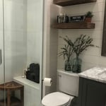 Shiplap bedroom wall and shiplap bathroom wall