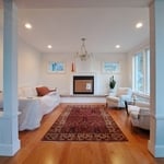 This is the new family room, with gas fireplace, continuous bench seating to the left and right, new 5" cherry flooring, and everything else you see pictured here.