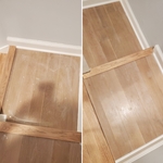 Before and After of hardwood floor landing of steps.
