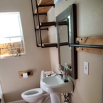 Shelves, mirror, tp holder, and towel rack