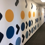 It's more delicate during installation than most wallcovering. Each piece, or panel has to be soaked in water, and book folded. These panels were over 5 feet wide, and 10 feet long. The combined of saturated, pattern, and solid solid colors, made for a slow hang, to keep it scar free.