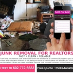 Pinks Junk Removal specializes in trash removal service Phoenix. We can handle commercial property cleanups, estate sale cleanups to help renew your home or backyard. We save you money with our up-front, flat rate load pricing. Getting rid of even just a few things has never been easier. Whether you need a same-day curbside pickup or just need us to remove a few random items from your home! Call today for estimates!"