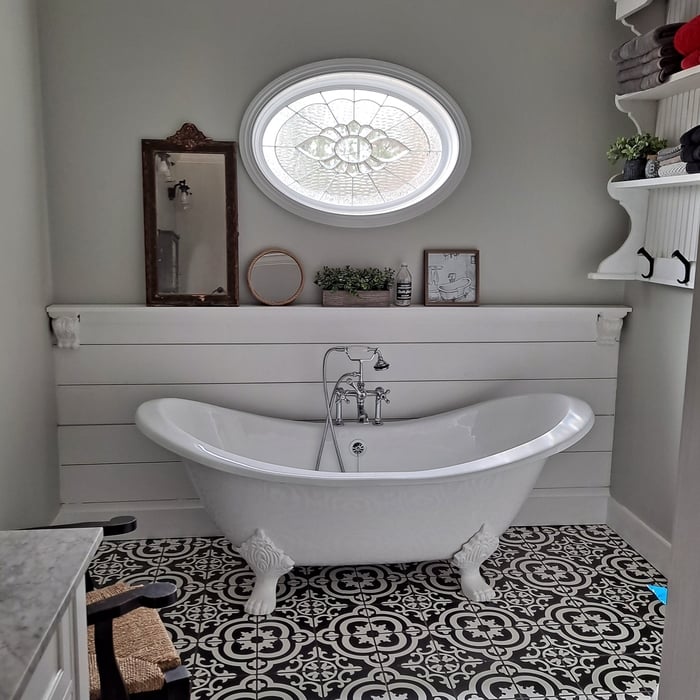 Ship Lap (Shadow Gap) wall installation in bathroom.
