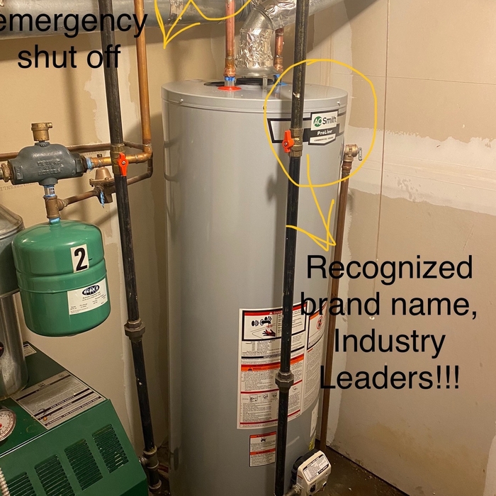 After photo: Newly installed 40 gallon,6 year tall, AO Smith, gas water heater with emergency shut off ball valve on hot water line.